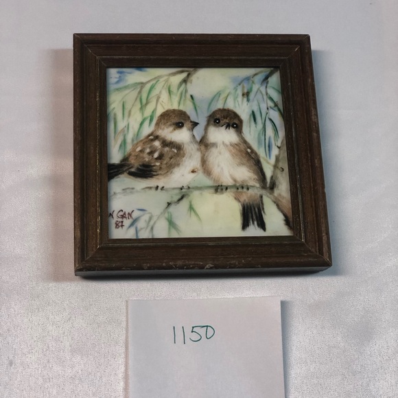 Sparrows Print on Porcelain by Nancy Gan Vintage Wooden Frame 5x5” - Picture 3 of 3